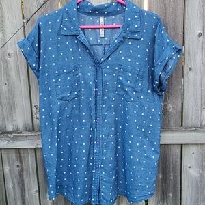 Button Down Shirt Blue Chambray White Hearts